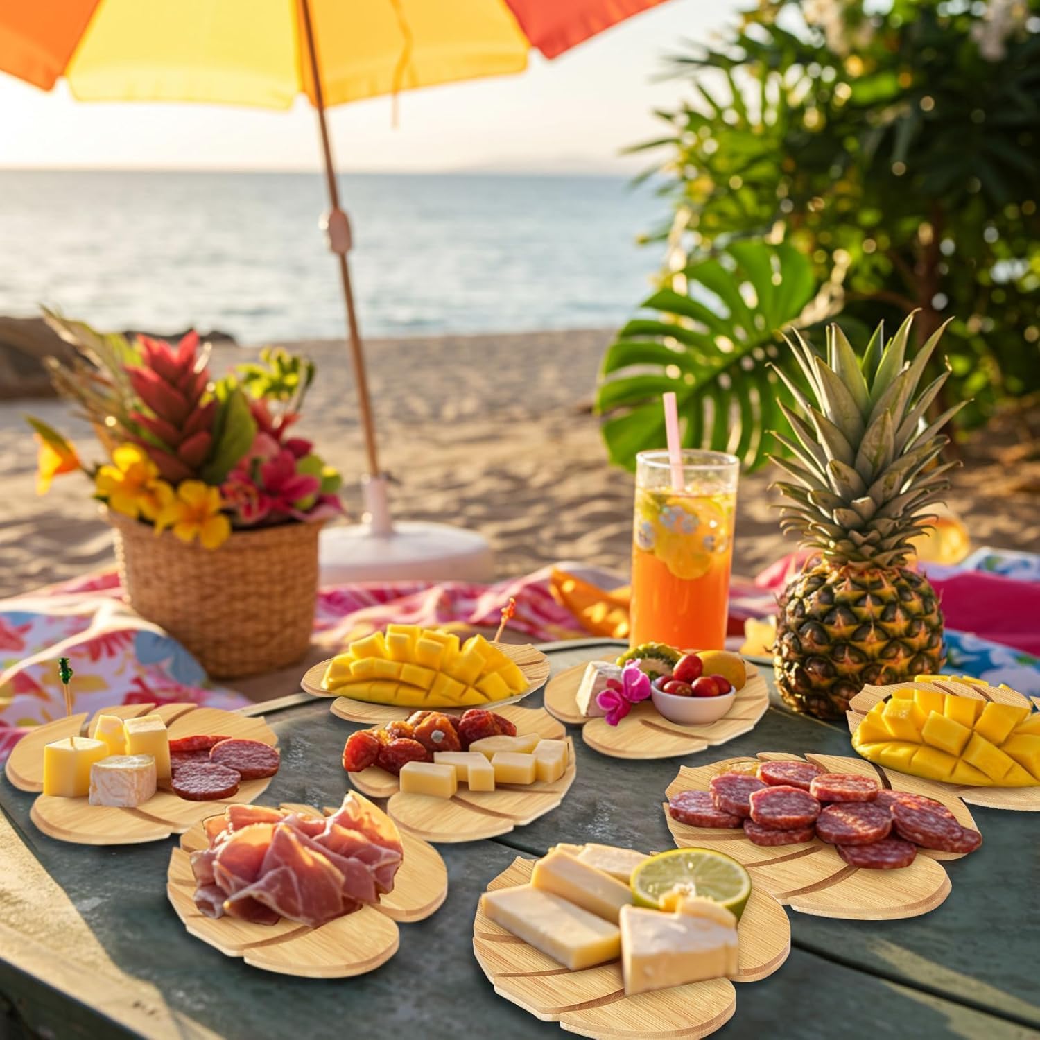 Ziliny 6 Sets Hawaiian Luau Charcuterie Board for Party Decoration,Tropical Small Cutting Cheese Board with Knives and Forks for Baby Shower Summer Beach Birthday Party (Palm Leaf)