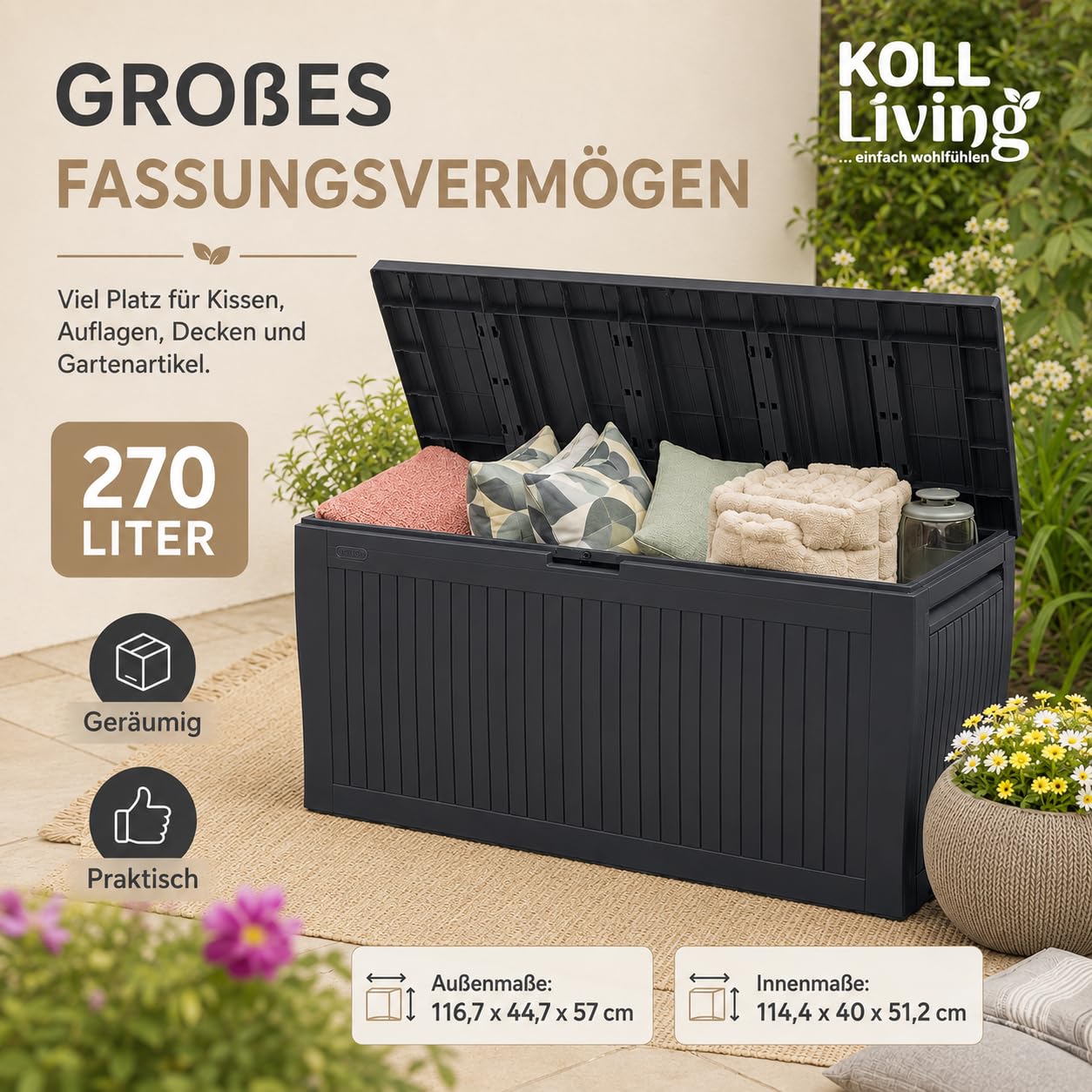 Keter Koll Living - Caja para Cojines (270 L, 100% Resistente al Agua, con ventilación, por lo Que no Hay Mal Olor/Moho, Aspecto de Madera, Tapa Que soporta hasta 250 kg)