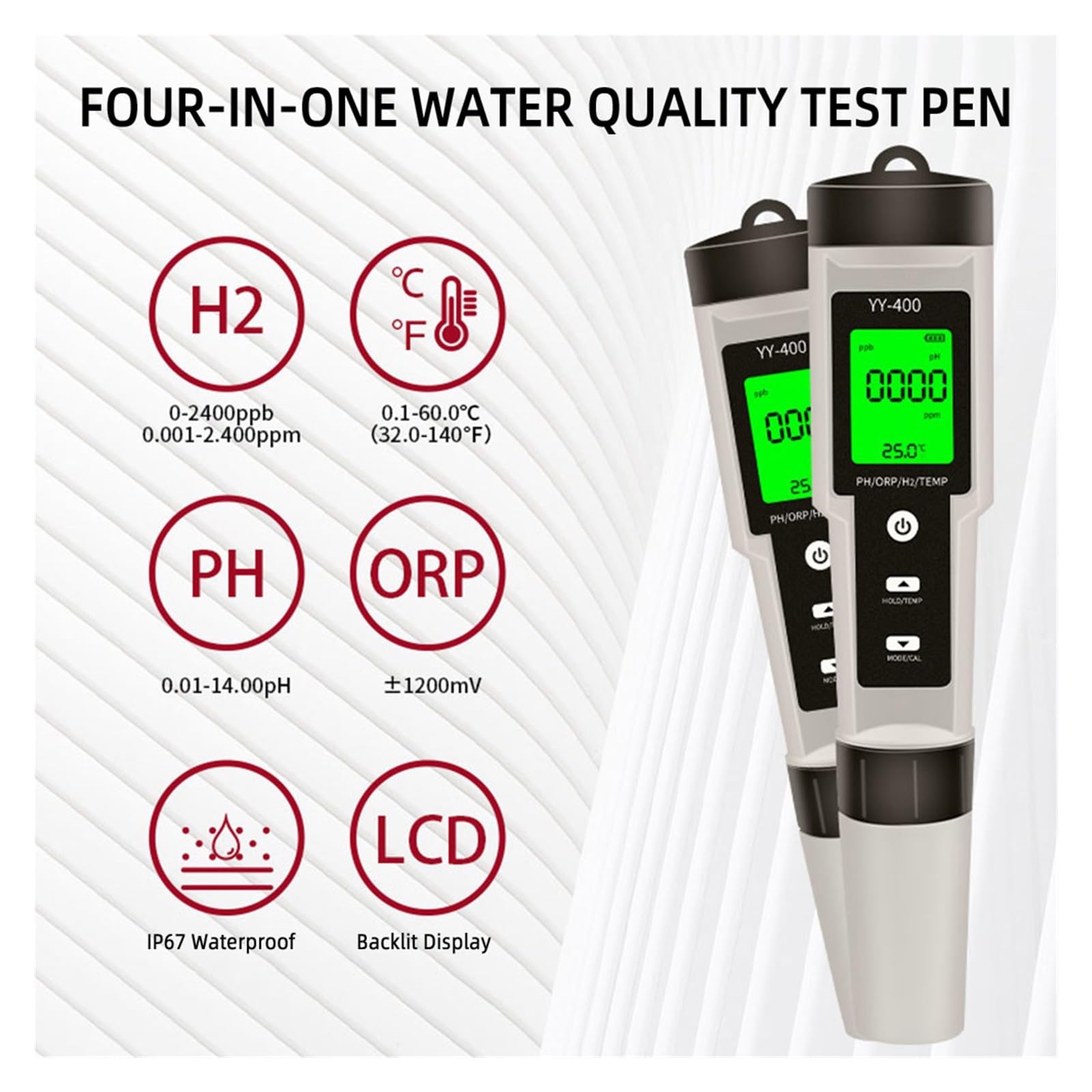 Misuratore H2/PH/ORP/Temp Digitale della qualità Acqua for Piscine Acquari con Potabile Rilevamento Rapido E Preciso(YY-400 4 in 1)