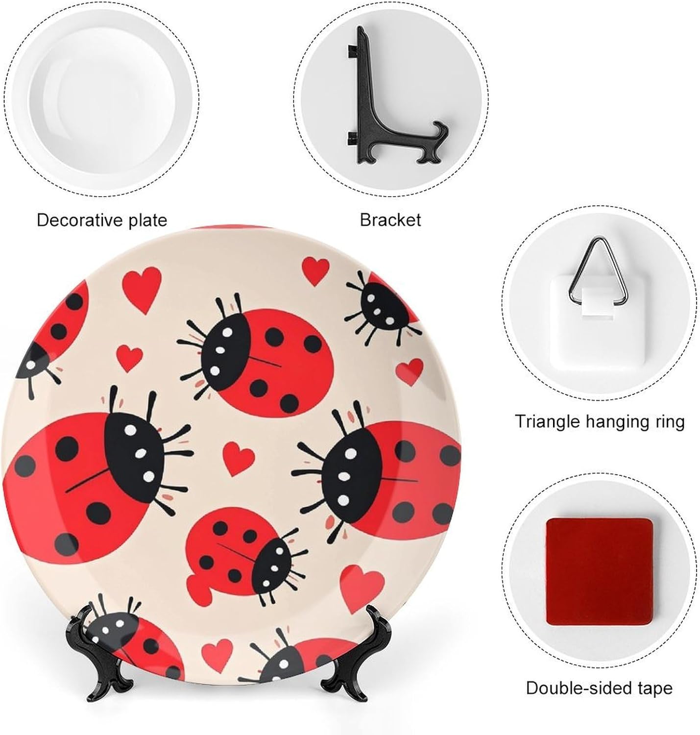 Ladybug Ceramic Decorative Plate for Home, Bone China Plates | Chinese Style Decorative Dish with Stand, Dinner Plates Art Crafts for Wall Decor, Collections Plate with Hook 8inch
