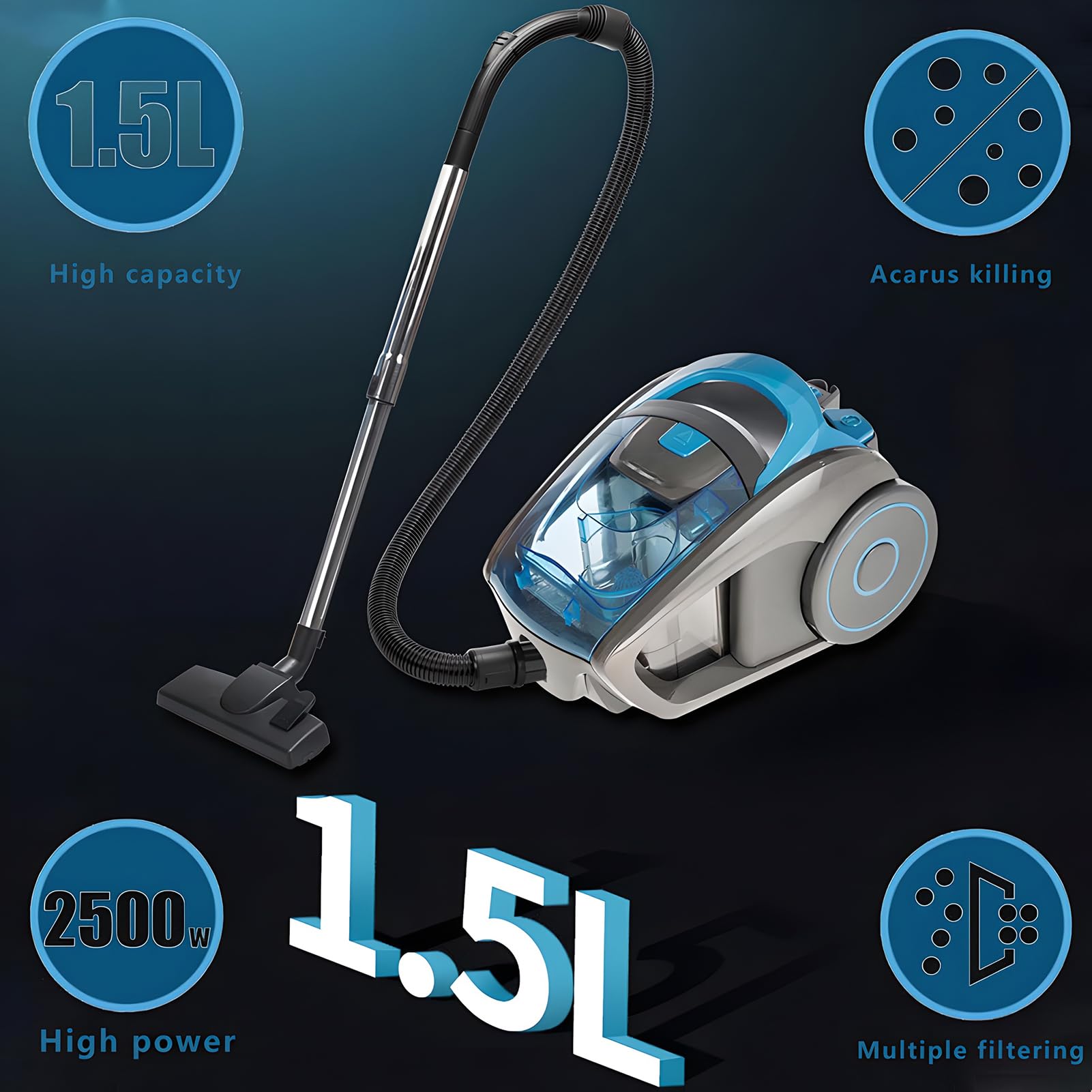 Wielofunkcyjny odkurzacz dla zwierząt domowych, 2500 W, z filtracją HEPA, bezworkowy zbiornik na kurz 1,5 l, lekki i kompaktowy, do dywanów, twardego drewna, schodów