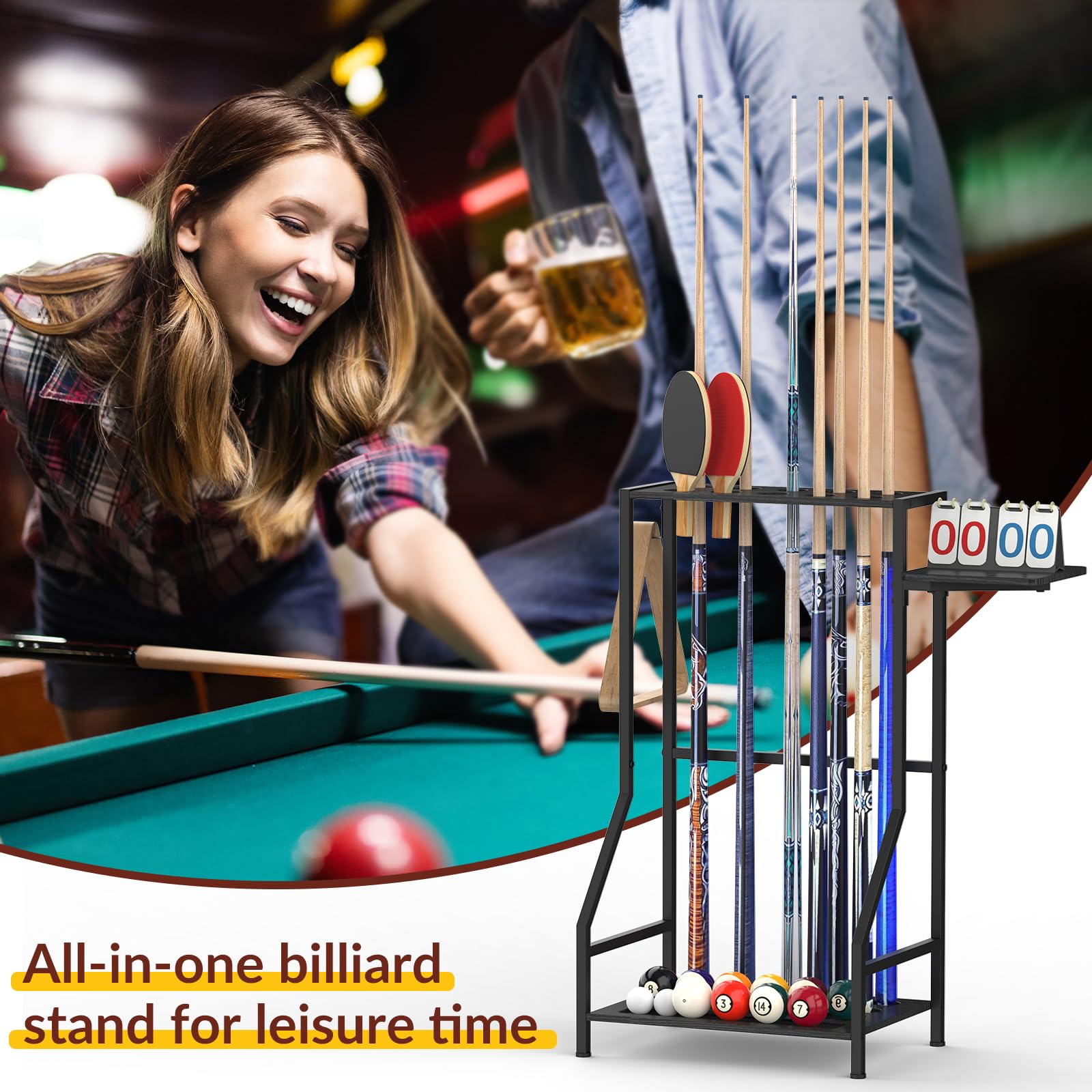 YBING Pool Stick Halter - Bambus Bodenständer Pool Queue Rack für 10 Sticks Pool Tisch Zubehör Billard Queue Stick hält Schwarz