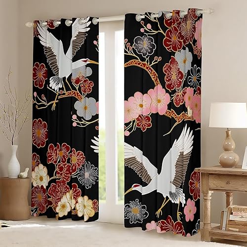 Miniatura 2 de Erosebridal Cortinas japonesas Ukiyoe - Cortinas opacas con diseño de flor de cerezo, cortinas y cortinas blancas con diseño de pájaros y grúa, 104