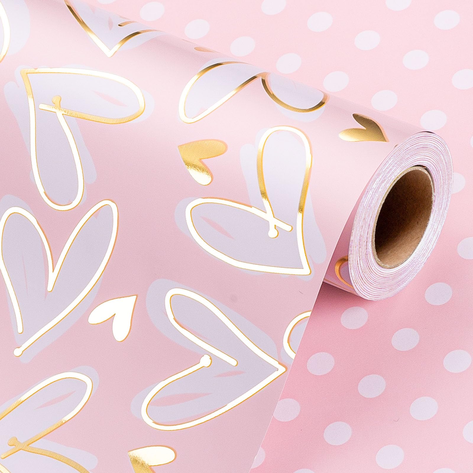 Wikadlik Gold Heart Wrapping Paper Roll - Reversible Polka Dots Pink Gift Wrap Paper for Valentines Day, Wedding, Birthday, Bridal Shower - 43cm x 10m — image 1