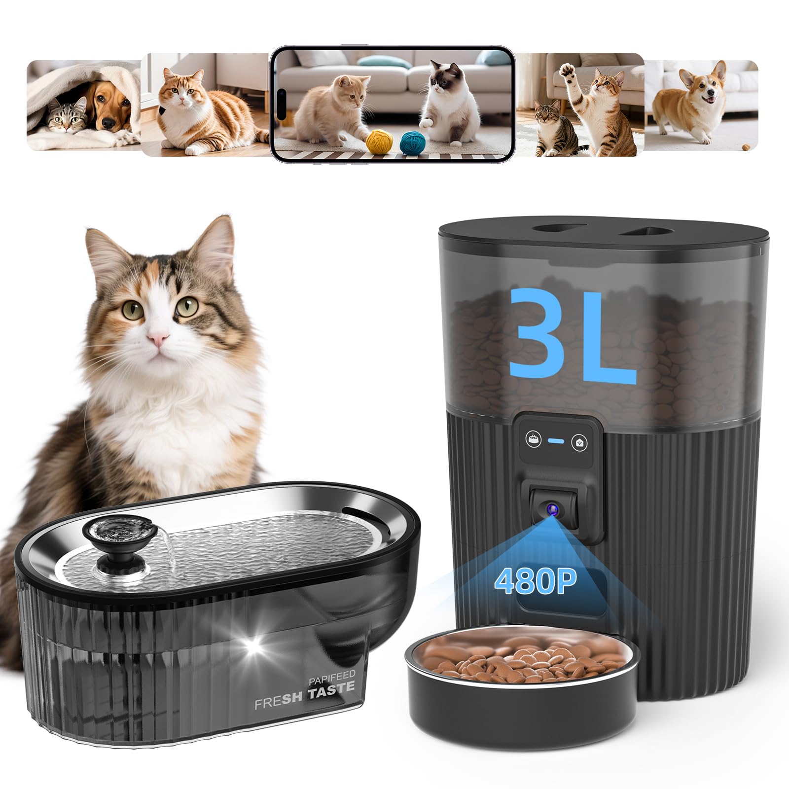 PAPIFEED Automatic Cat Feeder with Camera with 84 oz/2.5L Automatic Pet Drinking Fountain，‌Adjustable Angle 2.4G WiFi/App Pet Food Dispenser，3.5L/15 Cup Timed Dispenser with Two-Way Audio