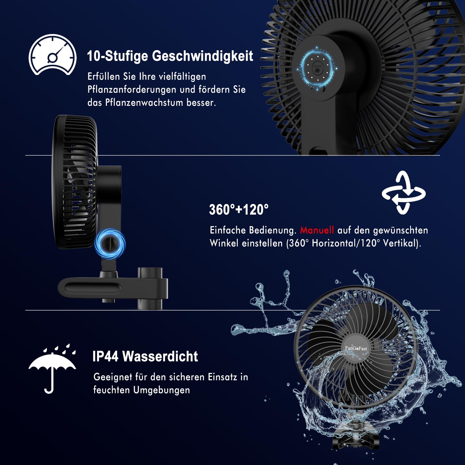 FanGoFast Ventilateur Clipable 10W, Ventilateur de Culture avec Clip, EC Moteurs Manuelle Oscillation, 10 Vitesses, Silencieux Oscillant pour Tente de Culture