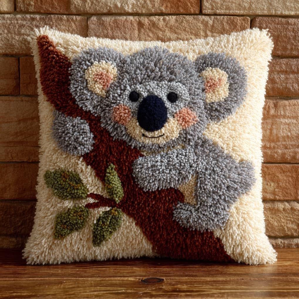 WallustrioaW DIY Latch Hook Kits for Adults,Koala Animals,Pillow Cover Kit Needlework Cushion Cover Hand Craft Crochet for Home Sofa Decorations,17x17in