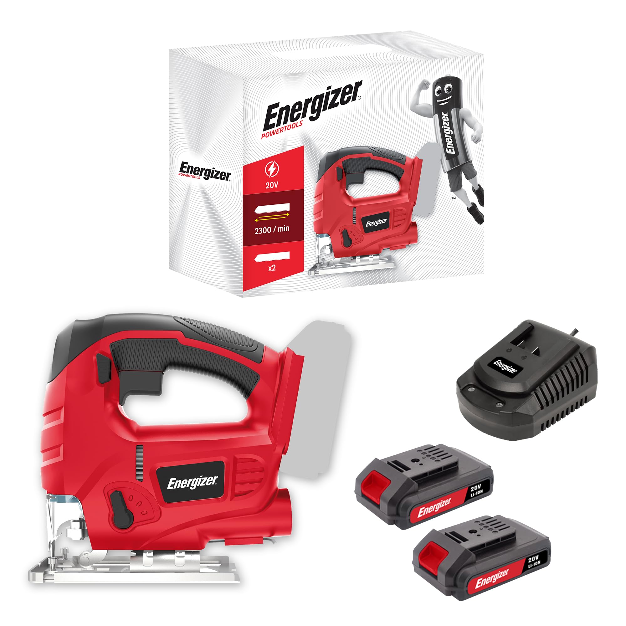Energizer - Sierra de calar inalámbrica 20 Voltios – 2300 OPM, corte madera 80 mm/metal 6 mm – Incluye 2 baterías 20V 2AH + cargador - Cambio rápido de hoja sin herramientas, conexión para aspiració