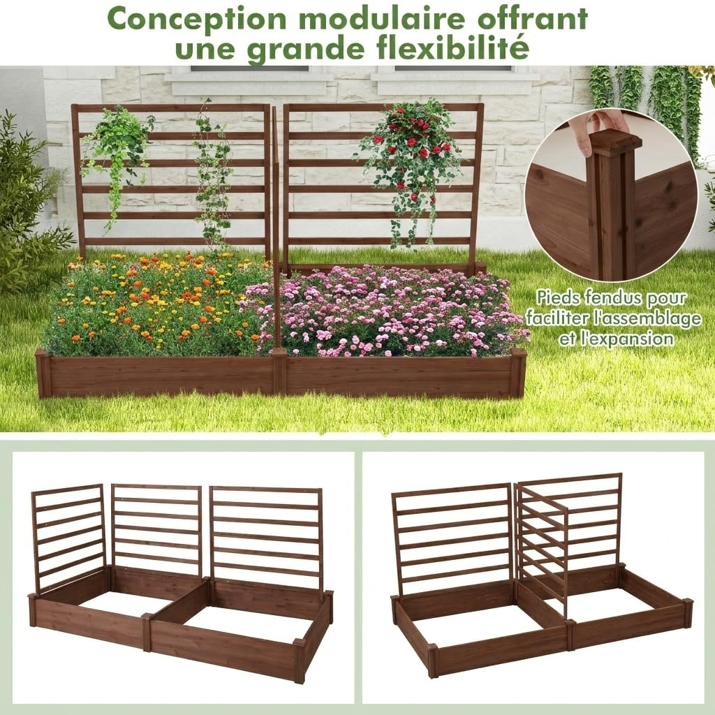 GOPLUS Huerto Urbano de Jardín Elevado con 3 Enrejados, Jardineras de Madera para Exteriores con Compartimentos Divididos para Flores, Verduras, Frutas, Fácil Montaje, 222 X 114 X 110 Cm (Marrón)