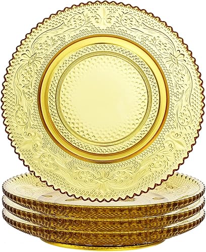 Sizikato 4 platos de cristal ámbar con borde de encaje, plato de postre de frutas secas de 6 pulgadas para el hogar y KTV