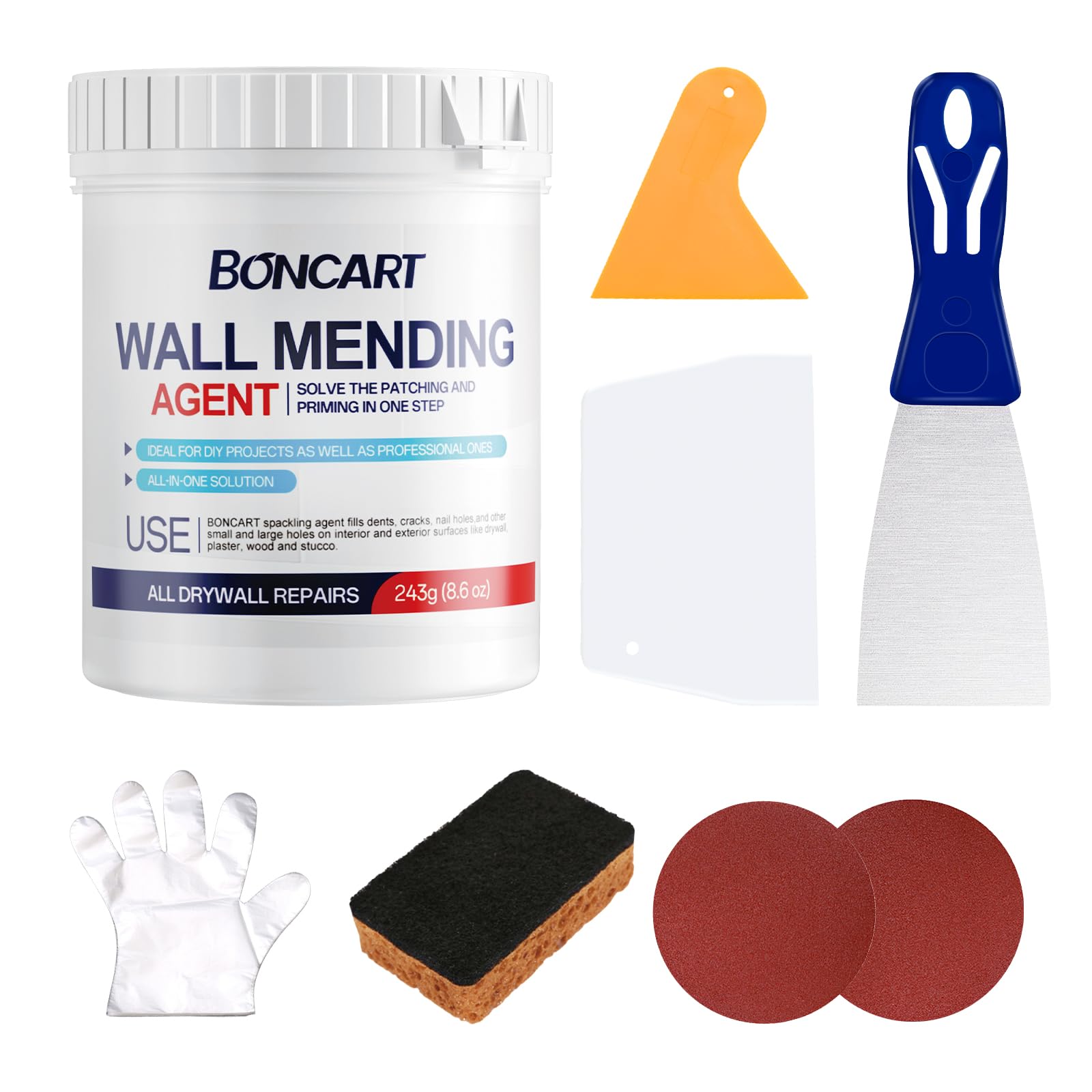 8 6oz Drywall Patch Repair Kit - Professional All-in-1 Tool Set Scrapers Sandpaper Texture Sponge Gloves Putty Knife