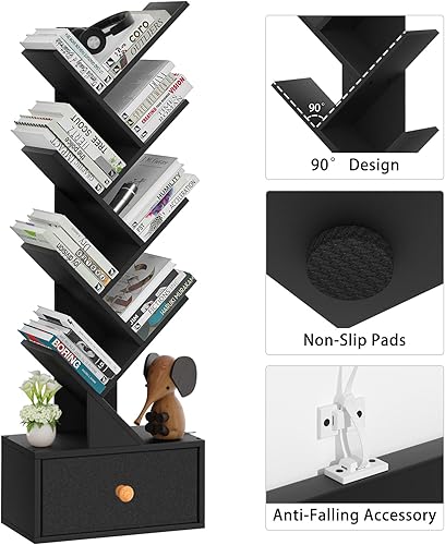 Miniatura 5 de Estantería pequeña con cajón, estantería de 4 niveles en forma de árbol en color negro, estantería de escritorio de madera, estanterías modernas de