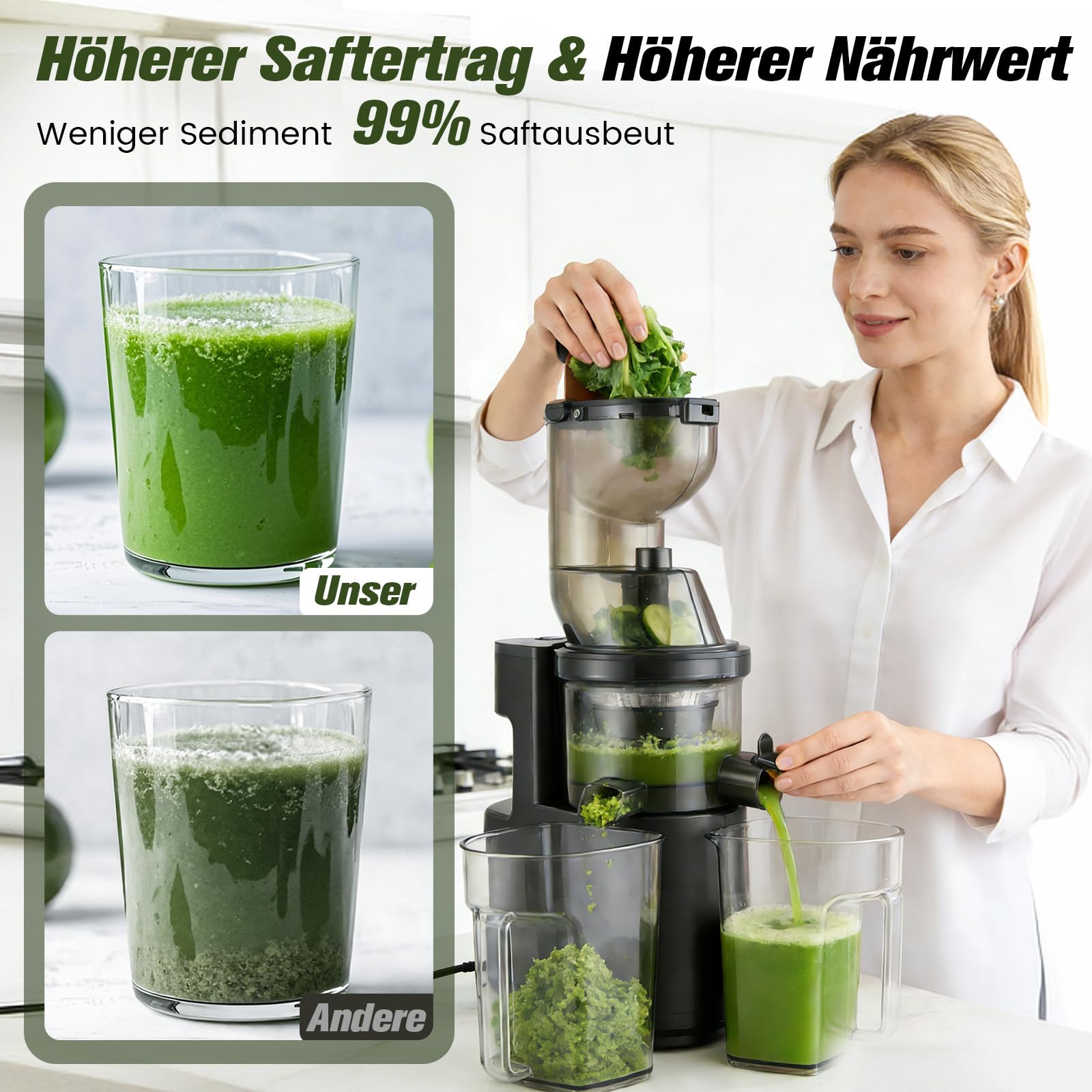Extractor de Zumos y Verduras con Boca XL de 140 mm, Motor de 500W, Licuadora Slow Juicer, Separación de Pulpa, Protección Infantil, Fácil Limpieza, Para Frutas y Verduras Enteras