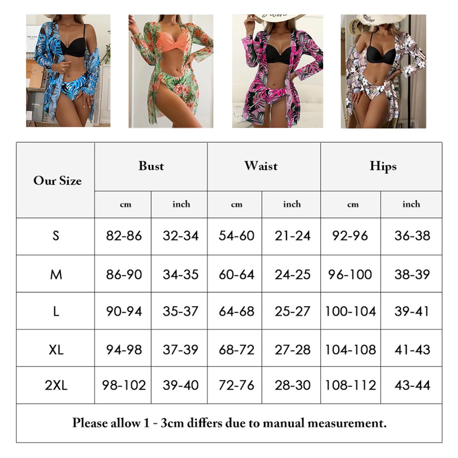 Trzyczęściowe zestawy bikini narzutką, Stroje kąpielowe damskie, Długi rękaw, wzór kwiaty, push-up, dekolt serek, cienkie ramiączka