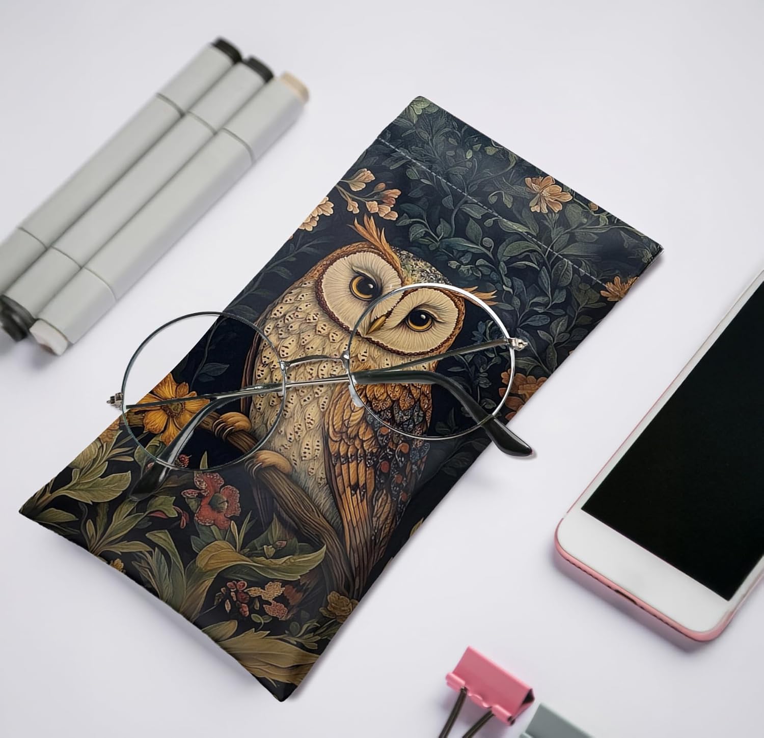 2 Pack Eyeglasses Case & Sunglasses Case-PU Soft Squeeze Top Glasses Pouch for Men Women, Owl & Florals Portable Anti-Scratch Eyewear Bag, Reading Glasses Bag(Owl, Brown) - Image 2