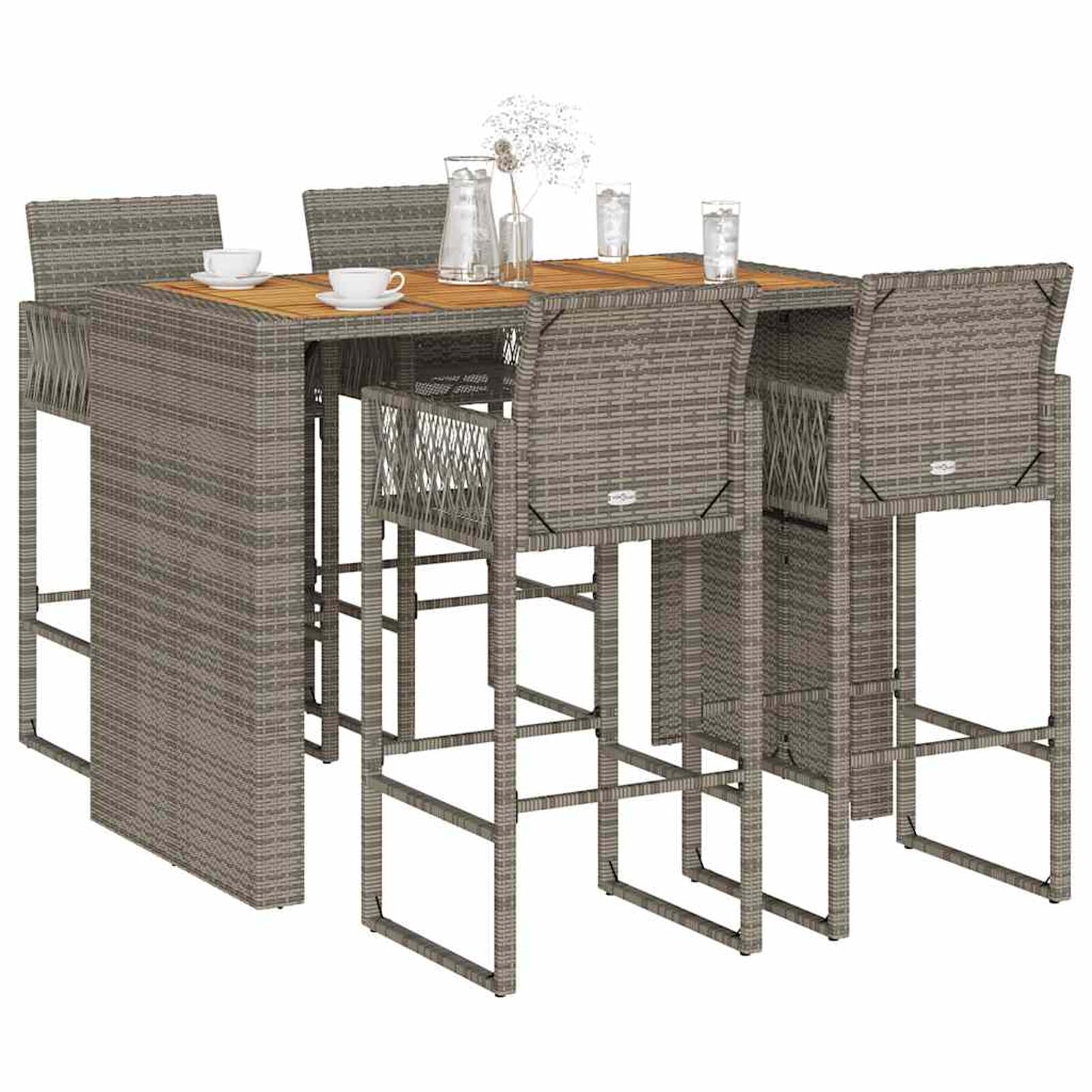 Homgoday Set Bar jardín sin Cojines 5 pzas ratán sintético Acacia Gris Barra Jardin Barra Bar Exterior mesas Altas y taburetes Dimensiones 145 cm