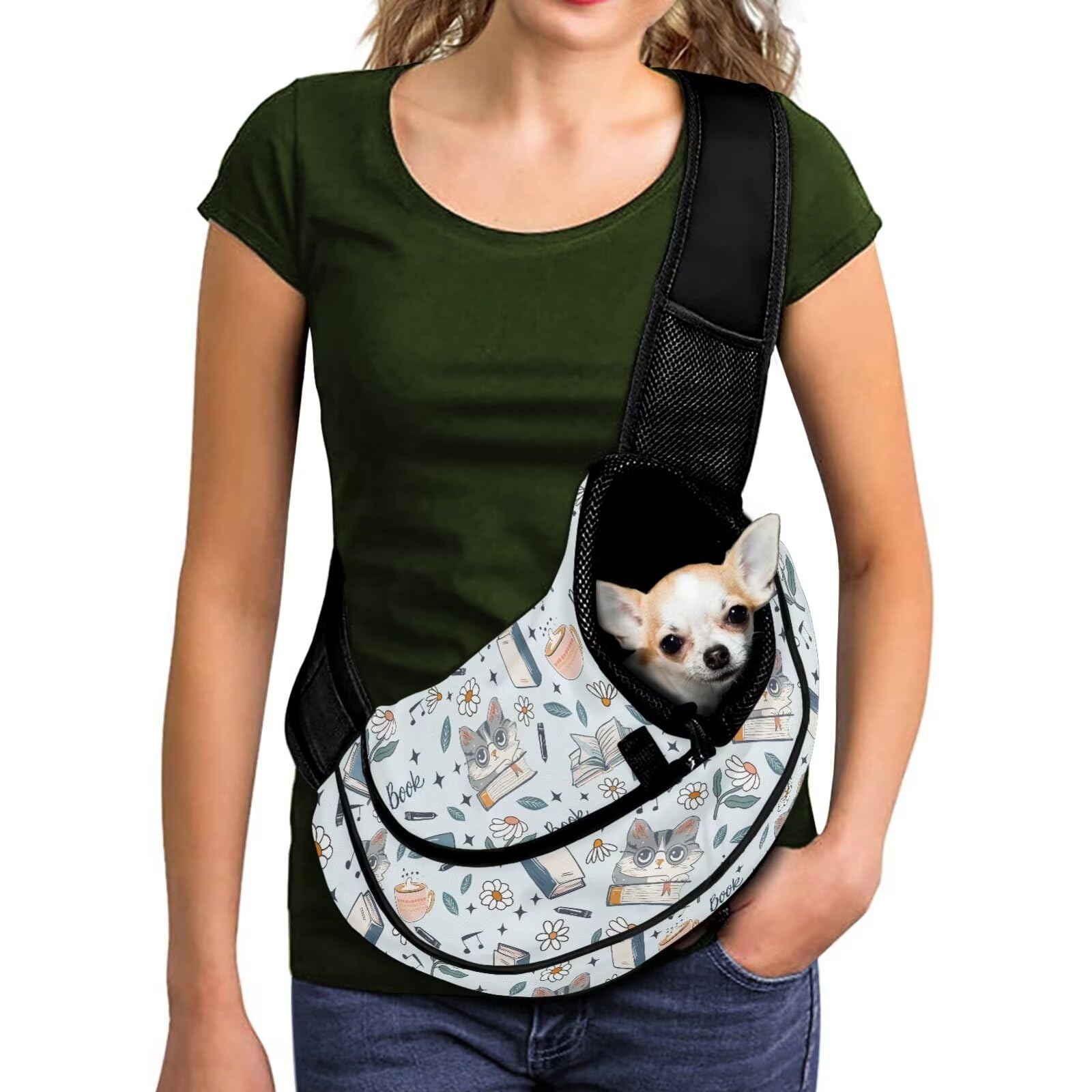 COEQINE Dog Sling Bag for Small Dogs Carrier Crossbody Purse for Women Walking with Pet Purse Pouch Adjustable Strap Hands-Free Breatheable Front Facing Puppy Carrying Satchel for Outdoor,Studing Cat