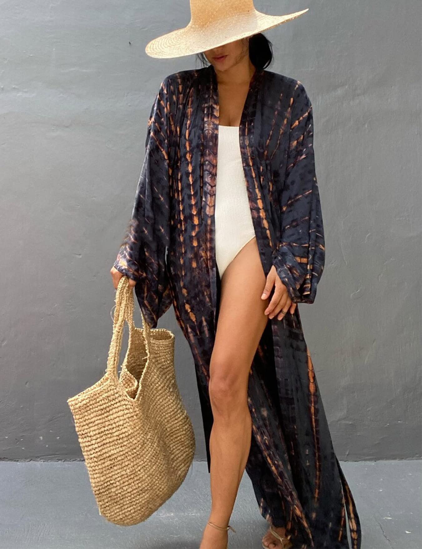 Robe de Plage Femme Été Kimono Bikini Cover Up Tunique Cardigan Imprimé Caftan Grande Taille Kaftan Bohème Maxi Longue Fluide Maillot de Bain Boho Sarong Beachwear Longue Gilet
