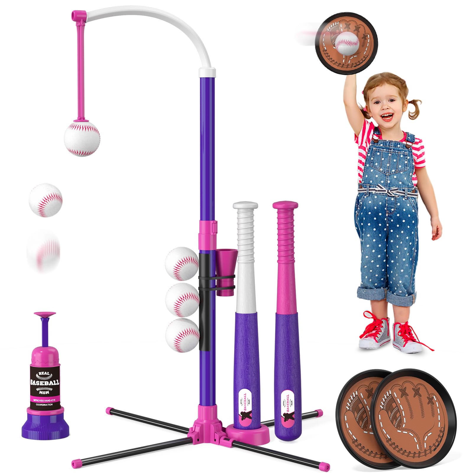 HYES 4 in 1 T Ball Sets for Kids 3-5 with Toss and Catch Ball Set, Hanging Tee Stand with Auto Pitching Machine/ 2 Bats, Indoor Outdoor Toys Baseball Gifts for Toddler Boys Girls, Purple