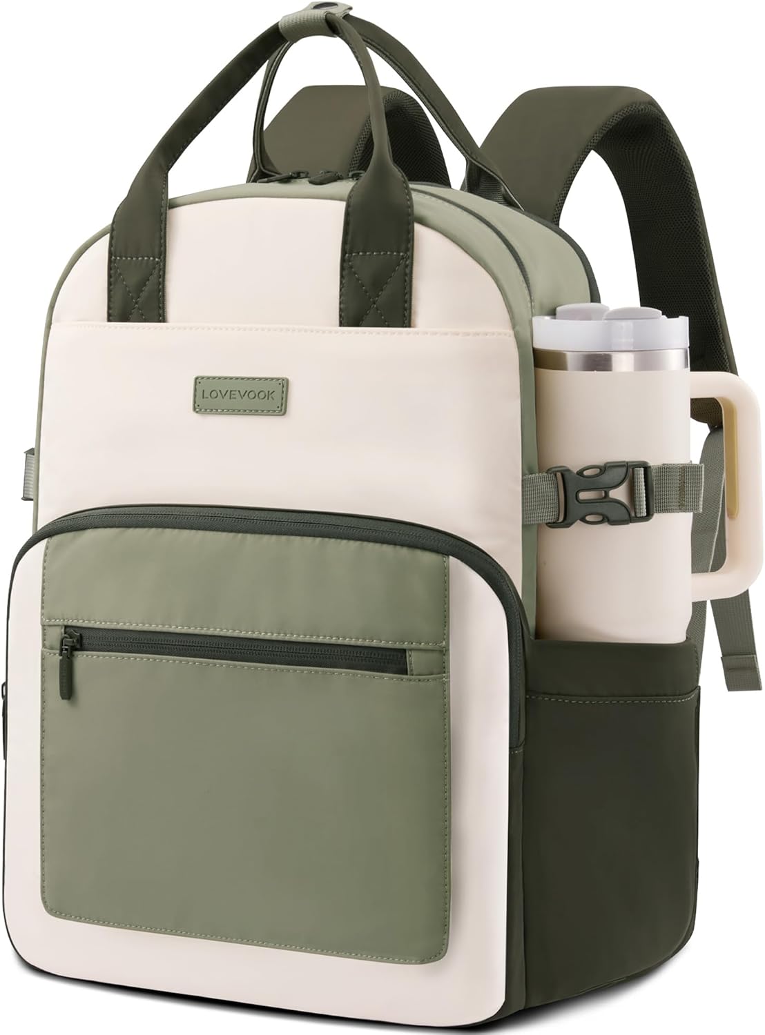 LOVEVOOK Laptop Backpack for Women - Stylish Work Backpack with Large Cup Holder, Waterproof College Teacher Backpack, Green, 15.6Inch