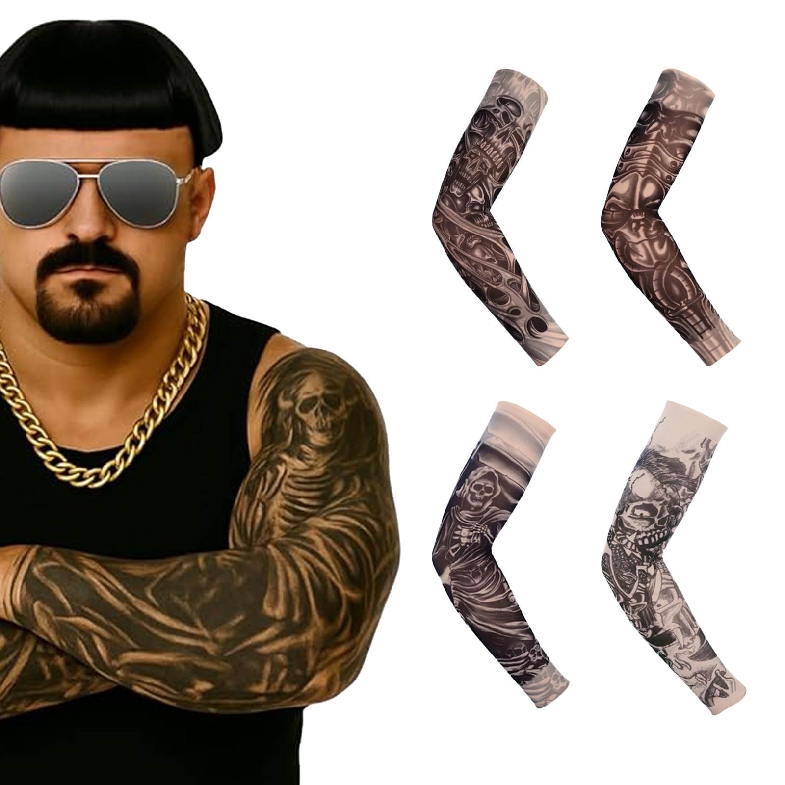 SSKHE 4PCS Fake Tattoo Sleeves for Men Women, Nylon Arm Sleeves with Skull & Punk Gothic Rocker Designs, Realistic Halloween Tattoos for Adults, Costume Party Tattoo Sleeve Covers