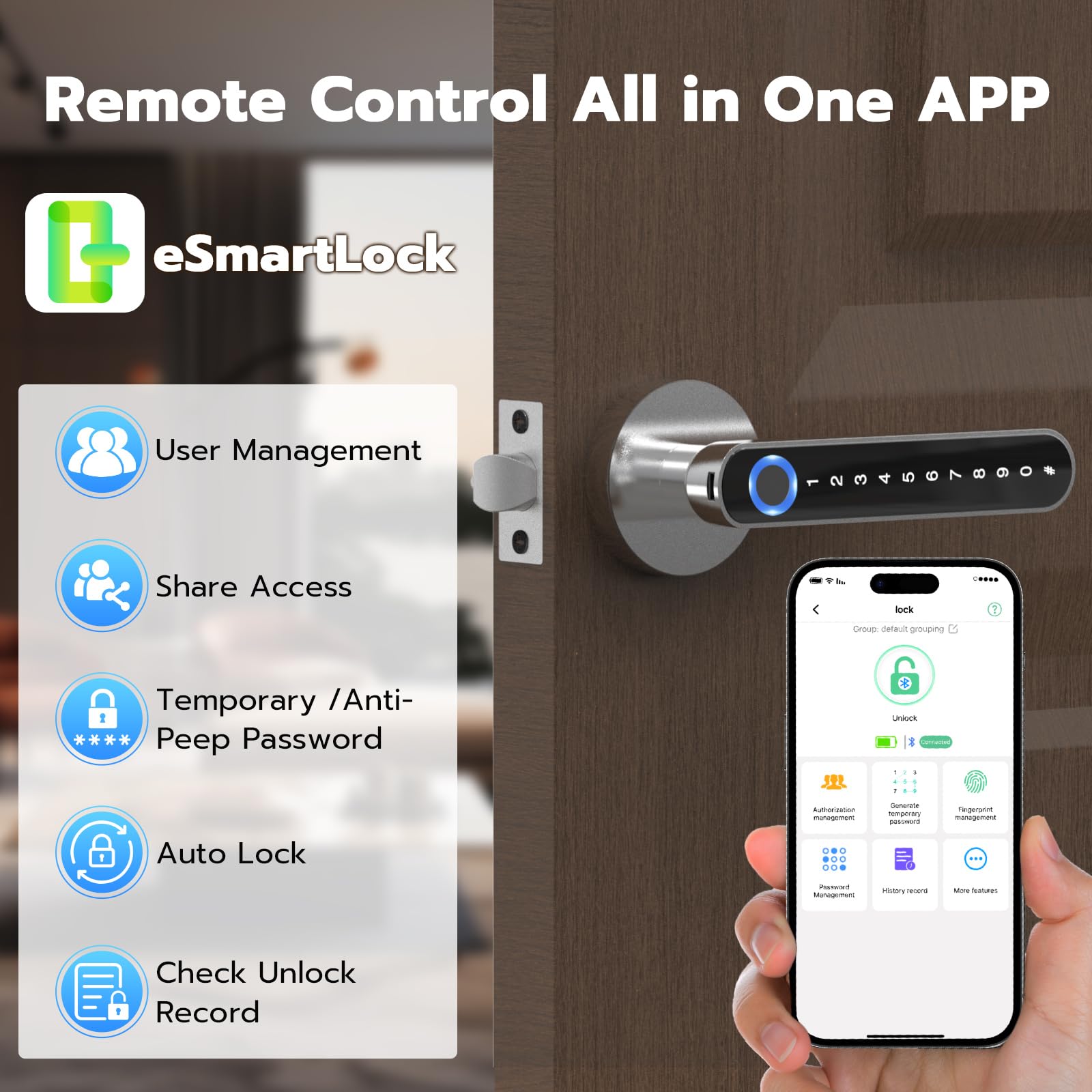 Anweller 5-in-1 Smart-Türschloss, Fingerabdruck-Türschloss mit Code-App, schlüsselloser Zugang, intelligentes Schloss mit Türgriff für Schlafzimmer, Zuhause, Hotel, Büro, Silber