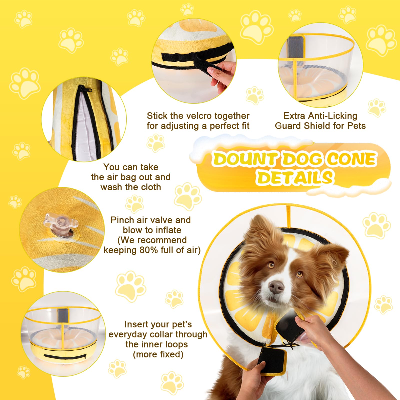 Collar de cono inflable para perros grandes, medianos y pequeños, collar de cono de recuperación suave ajustable para perros y gatos, alternativa al cono de perro después de la cirugía (hamburguesa,
