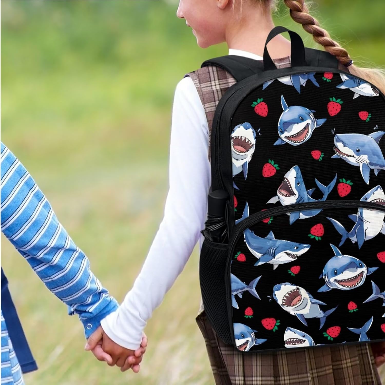 Shark Strawberry Bookbag for Boys Girls Elementary Middle School Backpack with Lunch Box Pencil Case Book Cover Protector Trendy School Bag 4 in 1 for Kids Back to School Supplies Gifts