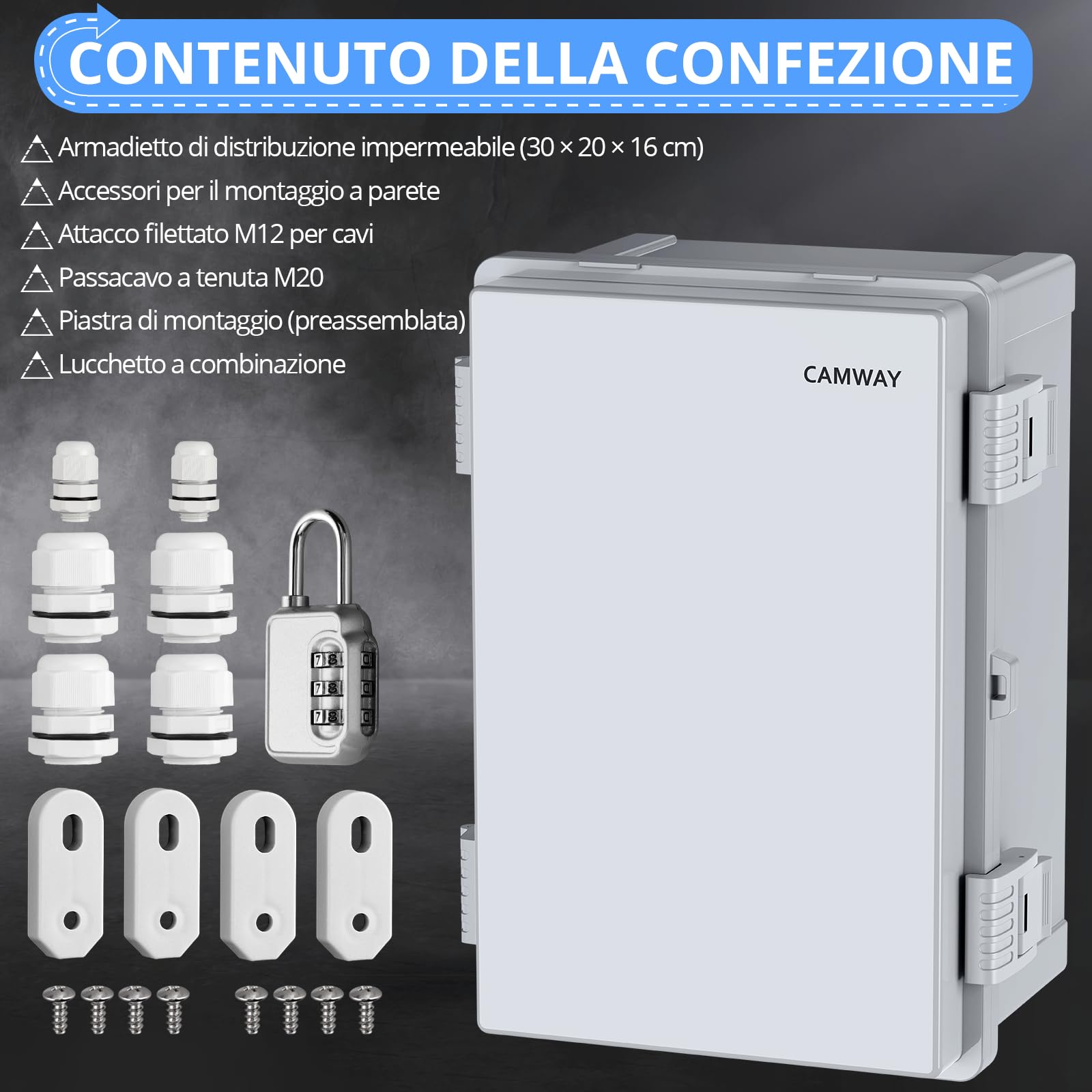 CAMWAY Scatola di Giunzione Impermeabile per Esterni IP67,Alloggiamento in Plastica ABS, Scatola Impermeabile Completa di kit Accessori di Montaggio,30 * 20 * 16CM,Coperchio Opaco