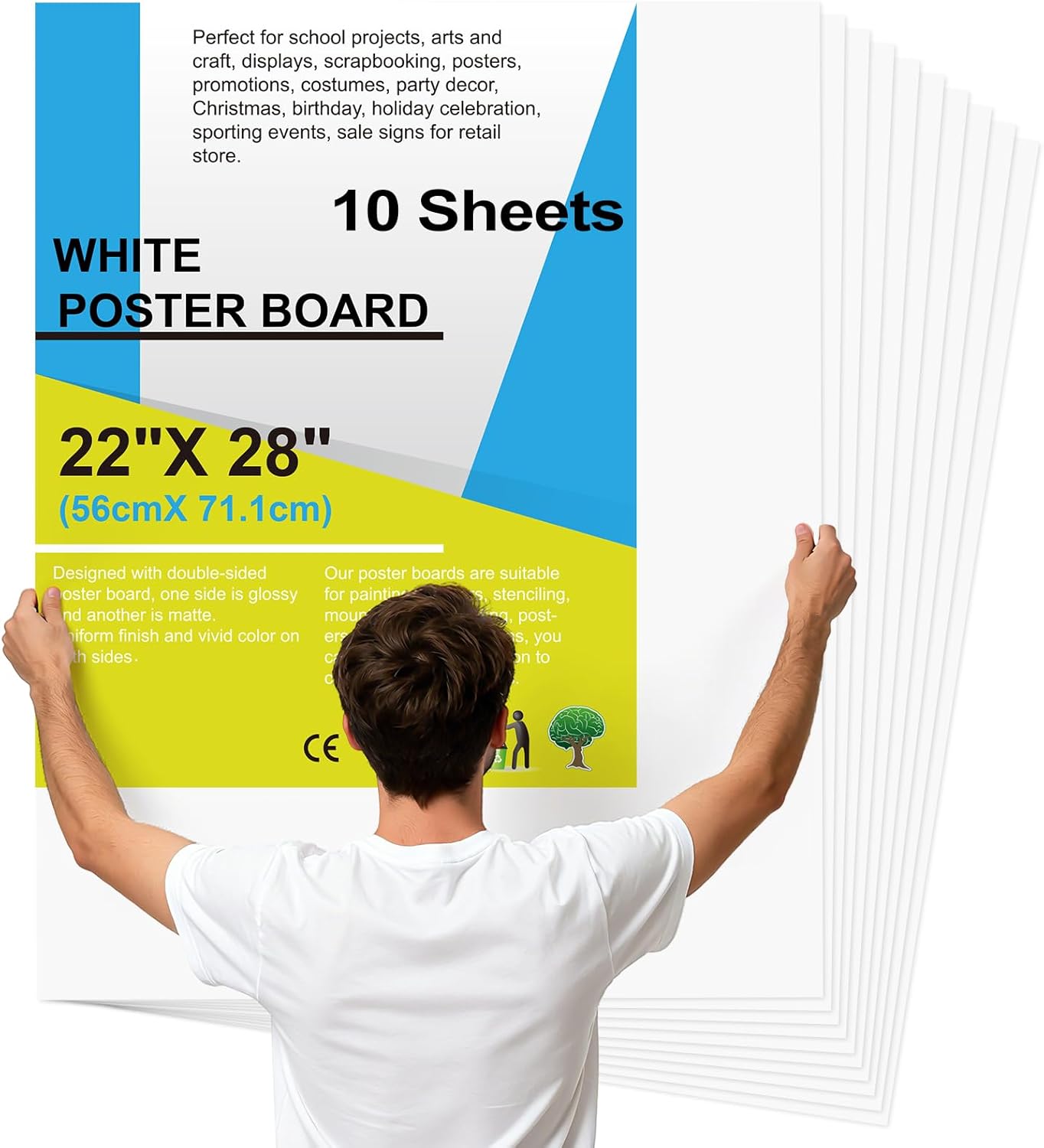 10 Pcs 22" x 28" Poster Board White Poster Paper Bulk, ROOKEA 250 GSM Thickness Vision Boards Smart Poster Board for School Arts Craft Projects Presentations Drawing Scrapbooking Blank Graphic Display