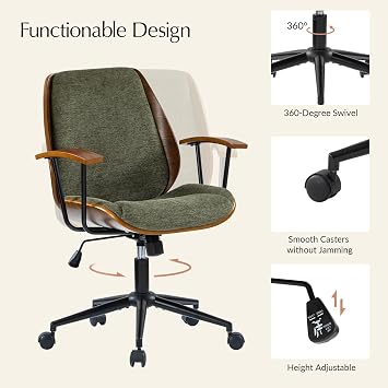 HULALA HOME Solid Wood Office Chair with Rocking Function, Comfy Fabric Desk Chair with Bent Wood and Metal Base, Height Adjustable Swivel Computer Task Chair, Green