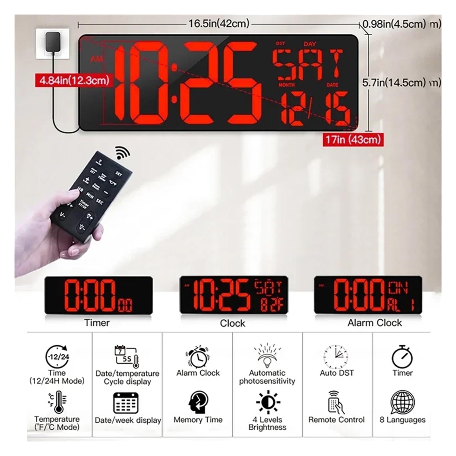 42 cm duży ekran LED cyfrowy zegar z wiecznym kalendarzem, jaość regulowana temperatura wyświetlacz daty tydzień budzik z RE(Red Black)