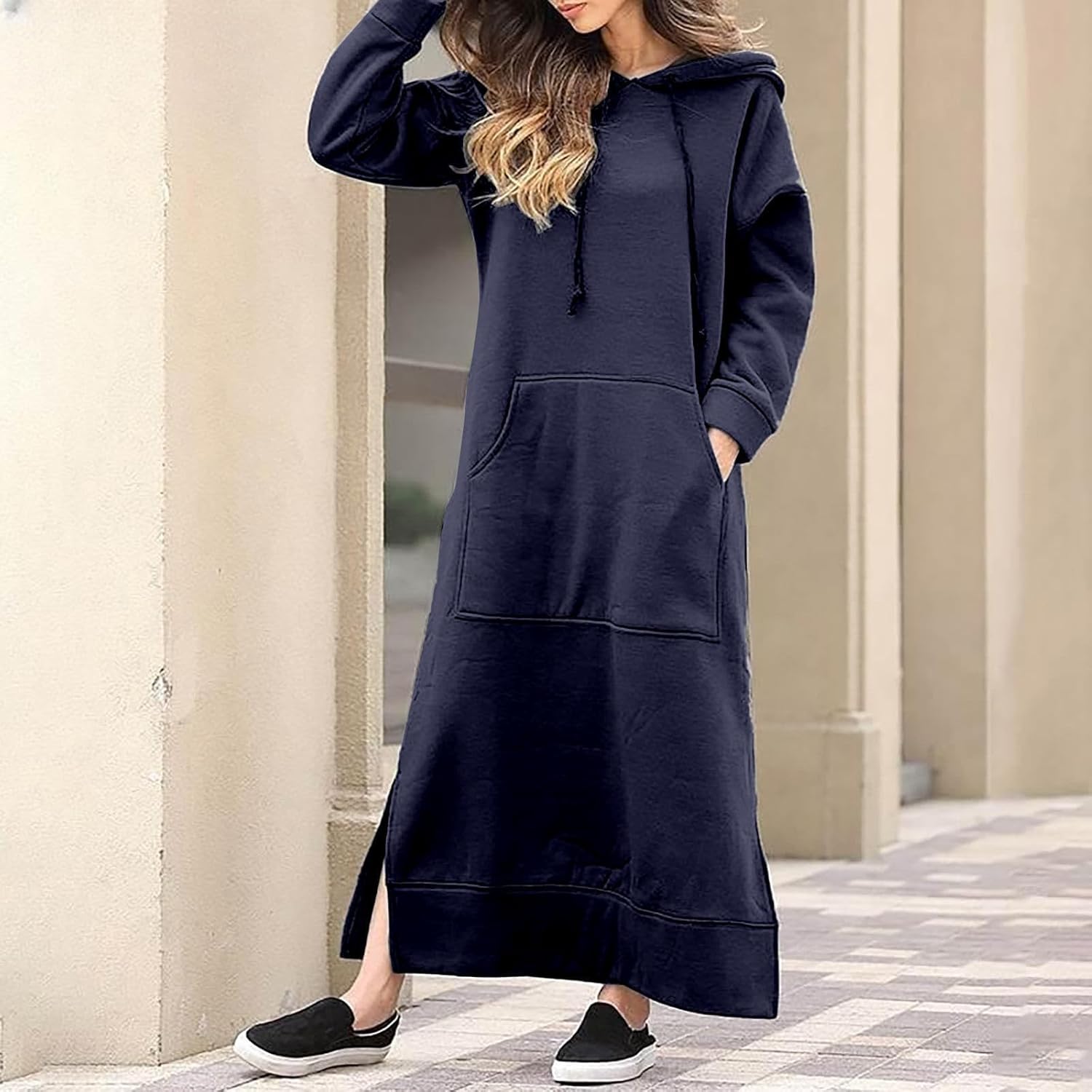 Womens Long Sleeve Hoodies Casual Maxi Length Hooded Dress with Drawstring and Pocket S-5XL - Image 2