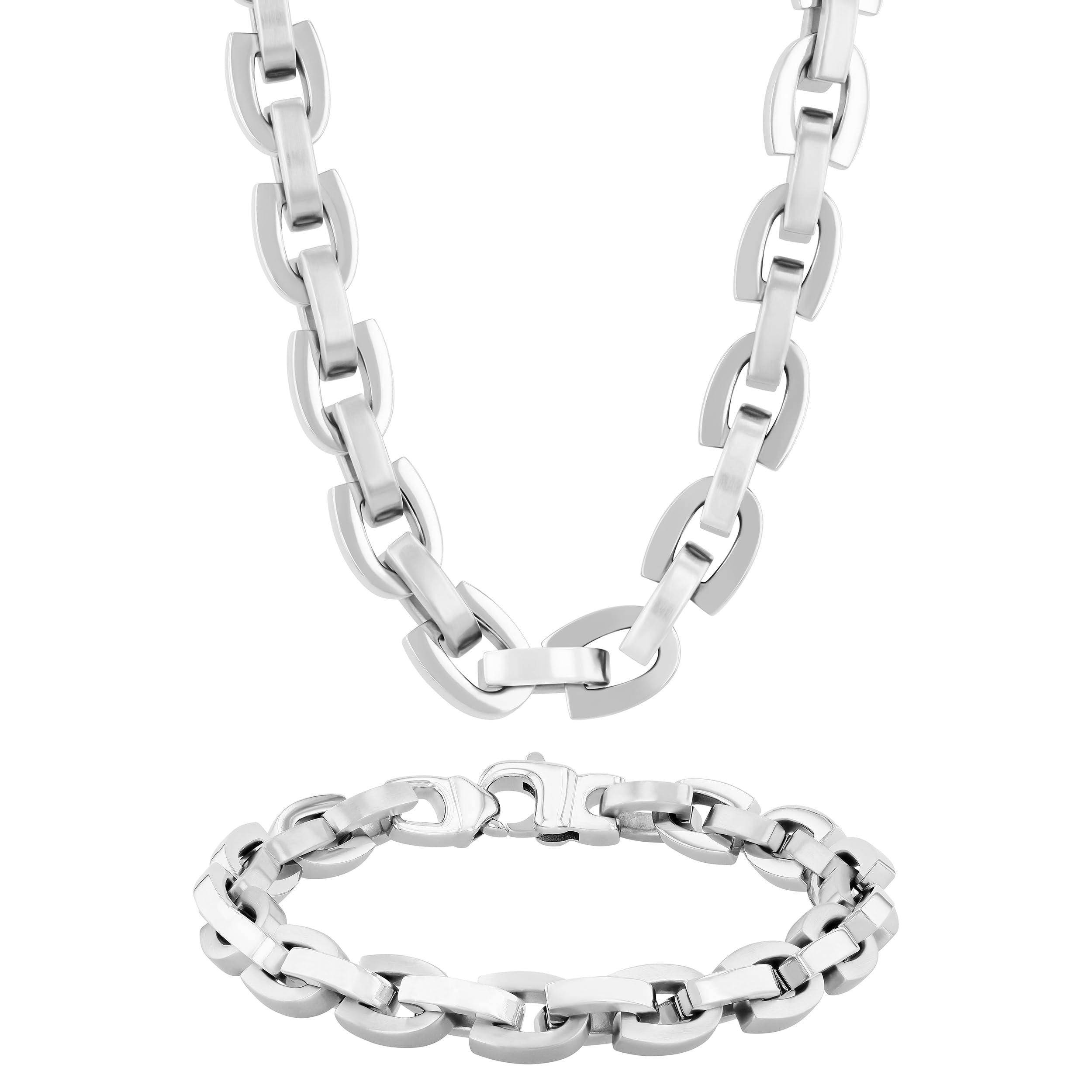Stainless Steel H-Link Chain & Bracelet Set, Contemporary Style, 24 Inch, Lobster Clasp