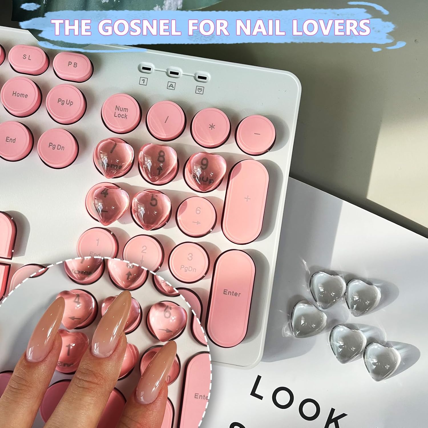 Transparent Glass Nail Keyboard Cover — 80 Raised Keyboard Stickers, Nail-Safe Bubble-Free Typing, Clear PC/Laptop/Desktop/Calculator Key Covers (Love)