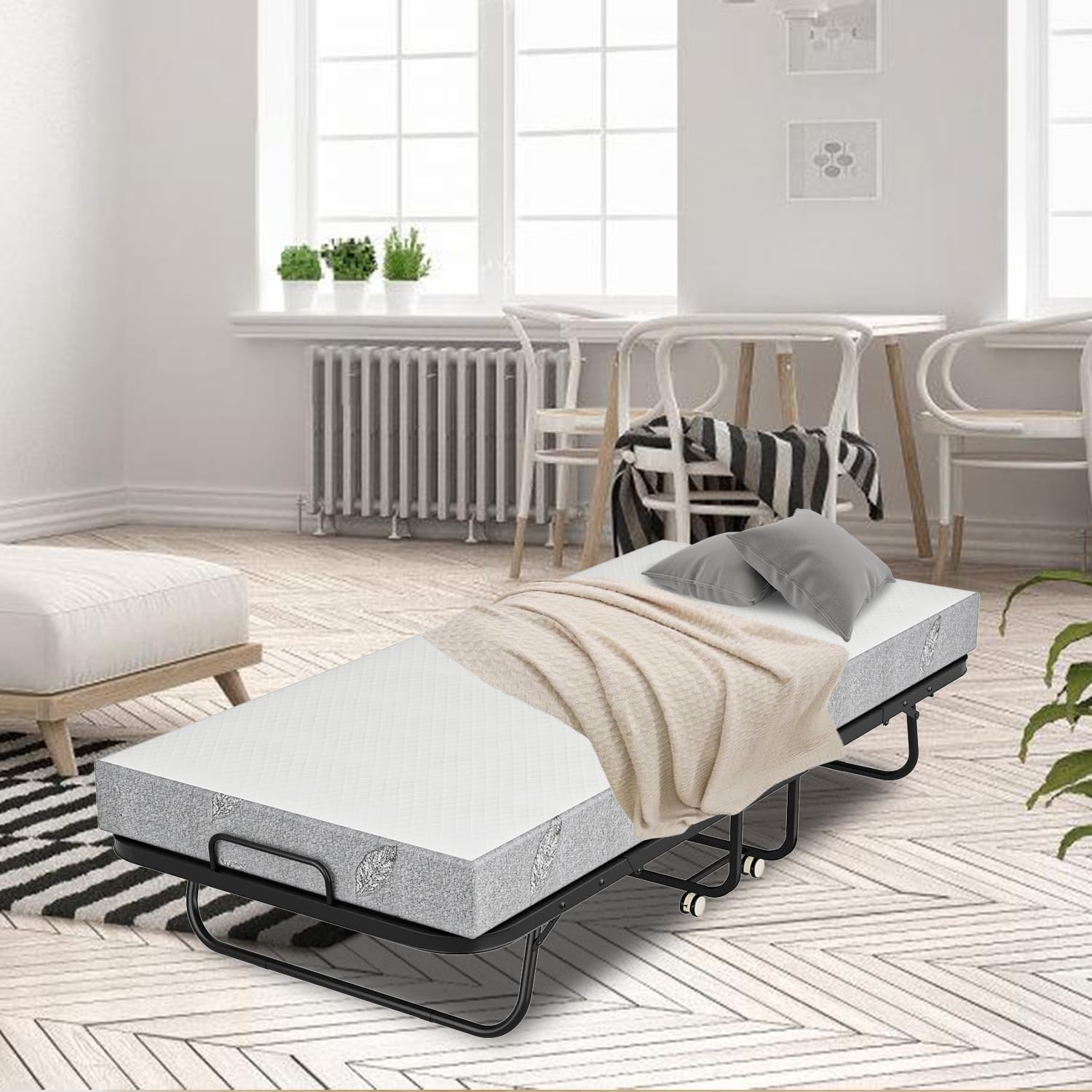 Daromigo Letto supplementare 90 x 200 cm, pieghevole, materasso 13 cm, letto singolo, metallo, 4 ruote, 150 kg, camera da letto, soggiorno
