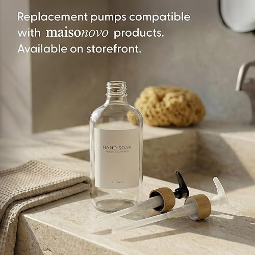 Miniatura 13 de MaisoNovo Glass Hand Soap Dispenser | Dish Soap Dispenser for Kitchen | 16.9oz Clear Bottles with White Bamboo Pump | Bathroom Lotion Dispenser