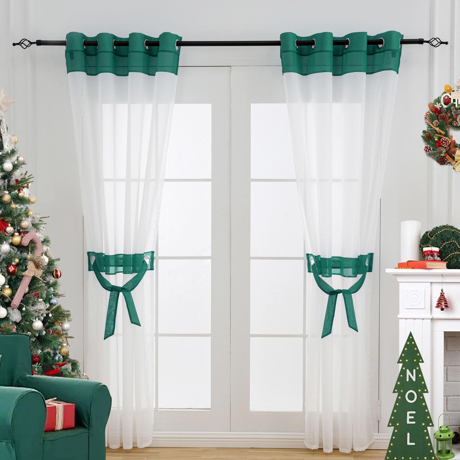 L.Z.E Dark Green Sheer Curtains 96 Inches Long 2 Panels Set for Living Room, White and Green Sheer Curtains for Bedroom Kids Room Dining Room, Grommet