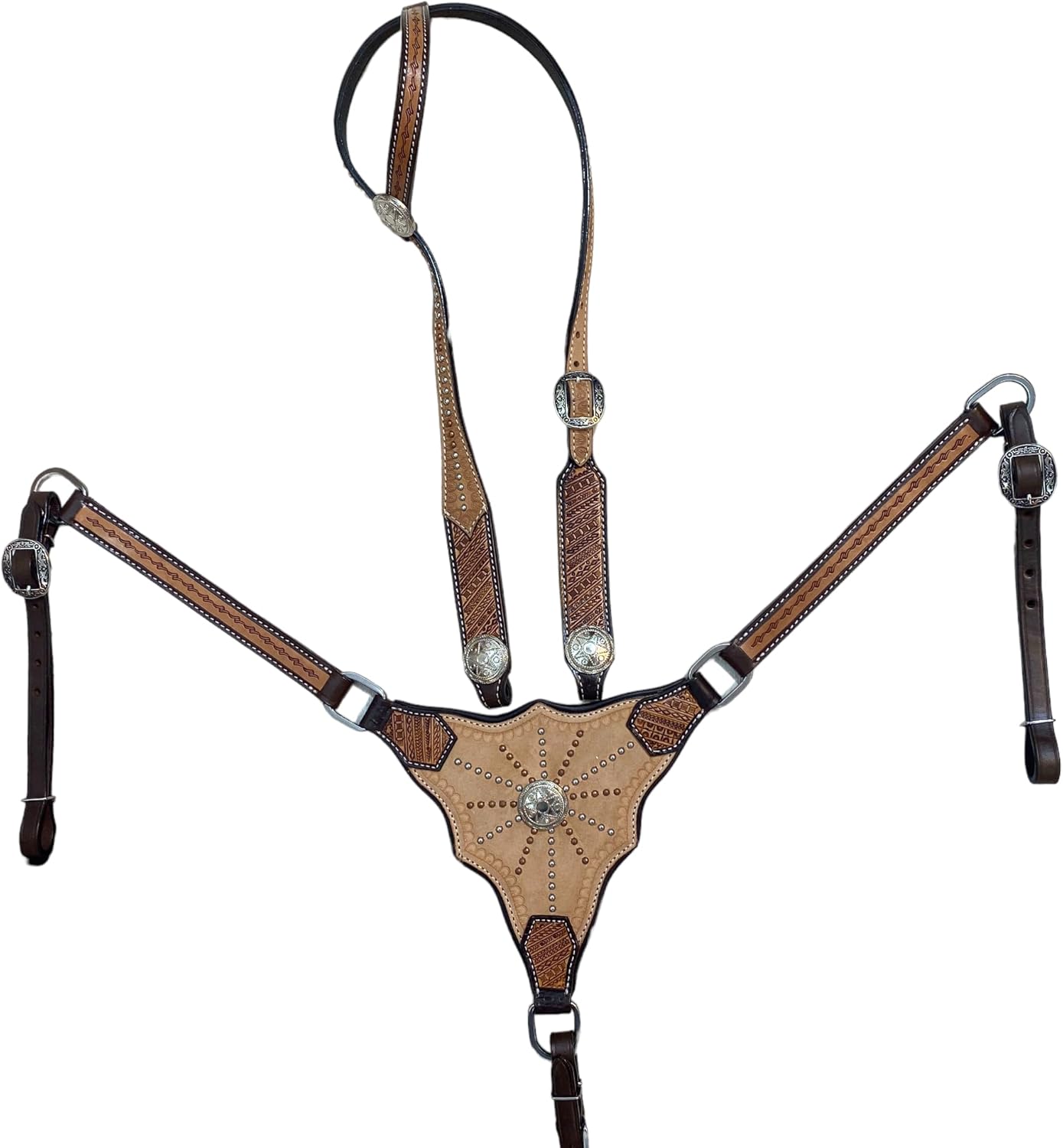 Genuine Argentina Cow Leather One Ear Headstall Bridle Breast Collar Set - Decorated with Nickel and Copper Studs and Hand-Tooling