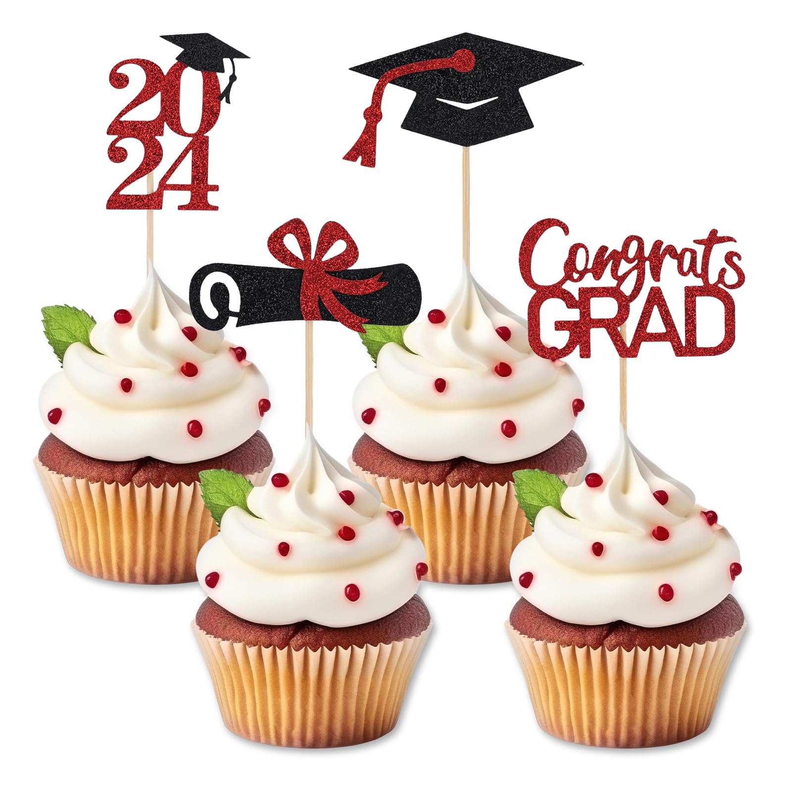 XIHIRCD 36pcs Graduation Cupcake Toppers 2024, Glitter Grad Cap Diploma Cupcake Toppers 2024 Graduation Party Supplies Decorations for Graduation Themed Ceremony Birthday Party (Red)