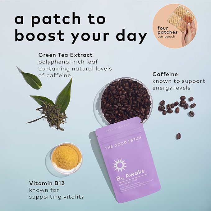 The Good Patch B12 Awake Patch, Natural Patch with Caffeine, B12, and Green Tea Extract, Plant Powered Wearable Wellness, Helps to Promote Energy (24 Total Patches)