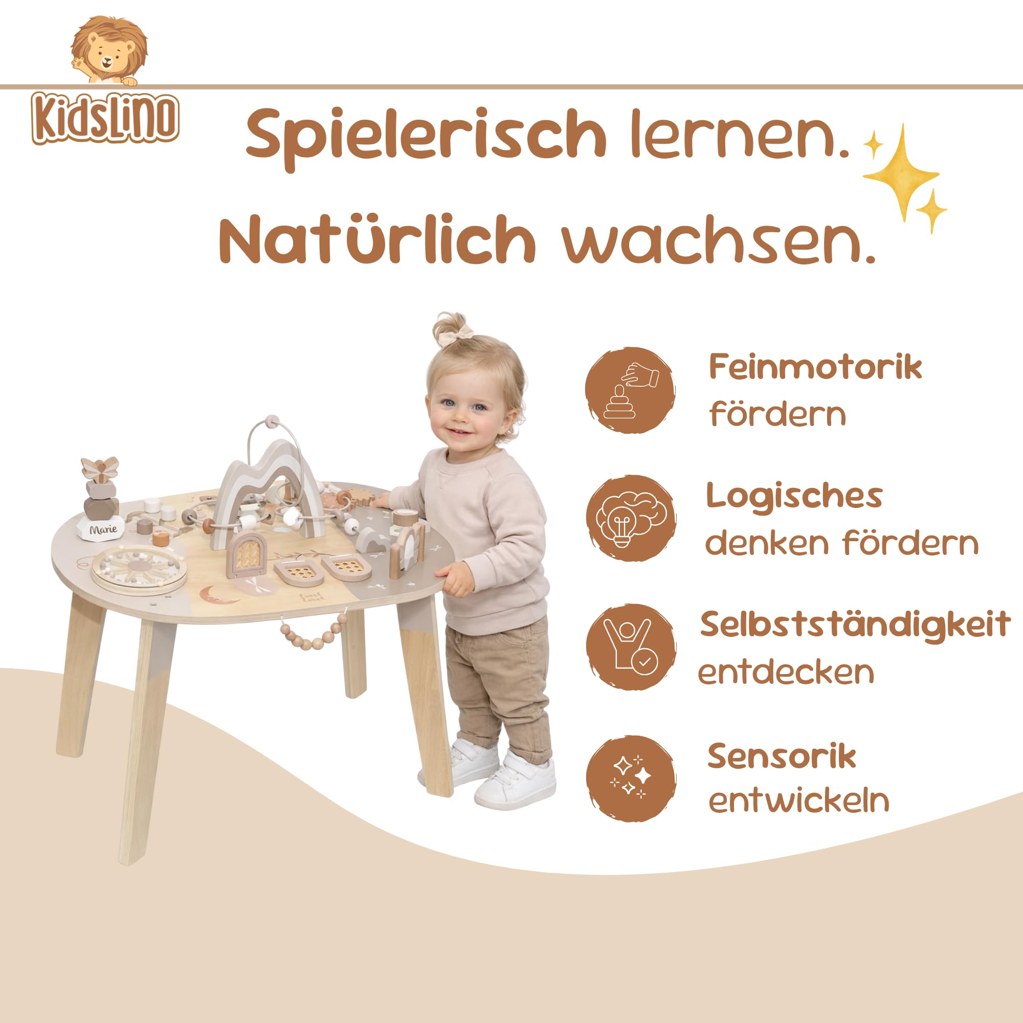 Spieltisch ab 1 Jahr aus Holz personalisiert – 2in1 Motorikspielzeug & Motorikwürfel – Montessori Lernspielzeug Baby – Steckspiel & Aktivitätstisch – Holzspielzeug ab 12 Monate Junge & Mädchen Nougat