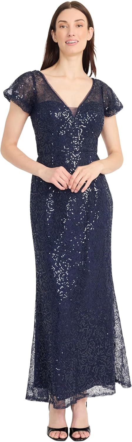 Maggy London Womens Women's Sequin Lace Flutter Sleeve V-Neck Trumpet Gown - Fitted Evening Long Formal Dress - Image 4