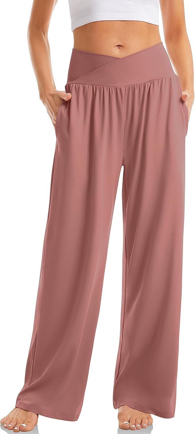 TARSE Women's Wide Leg Casual Loose Pants Yoga Sweatpants Comfy Crossover High Waisted Lounge Pajama Flowy Pants with Pockets