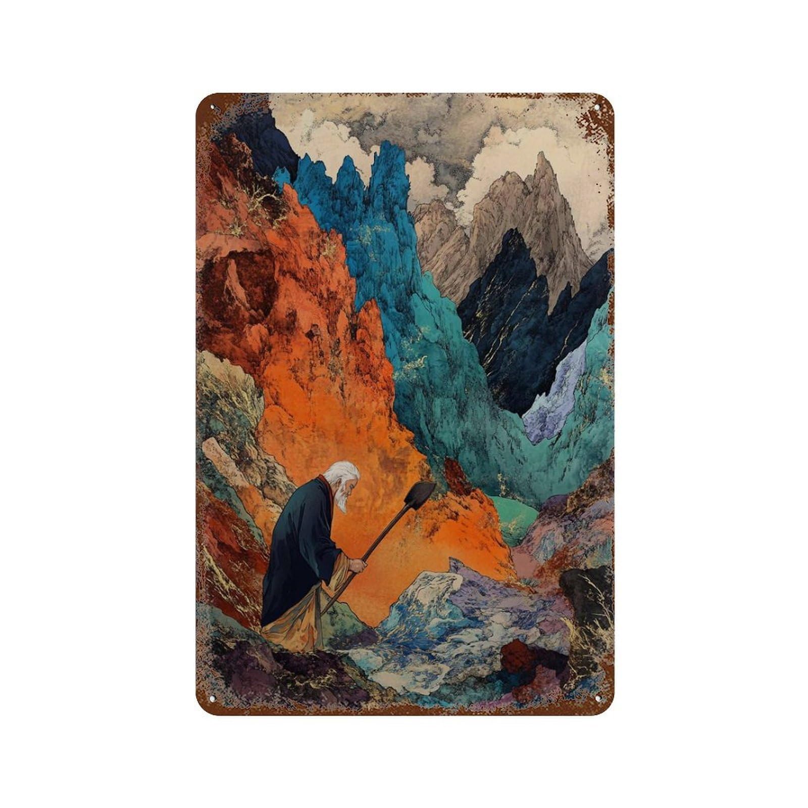 xiaoxiaoshen Ancient Wanderer Mountain Asian Landscape Mythic Journey Wall Decor Art Metal Tin Poster Modern Home Decor Art Home Bar Shop Decorations Vintage Sign 30x20cm