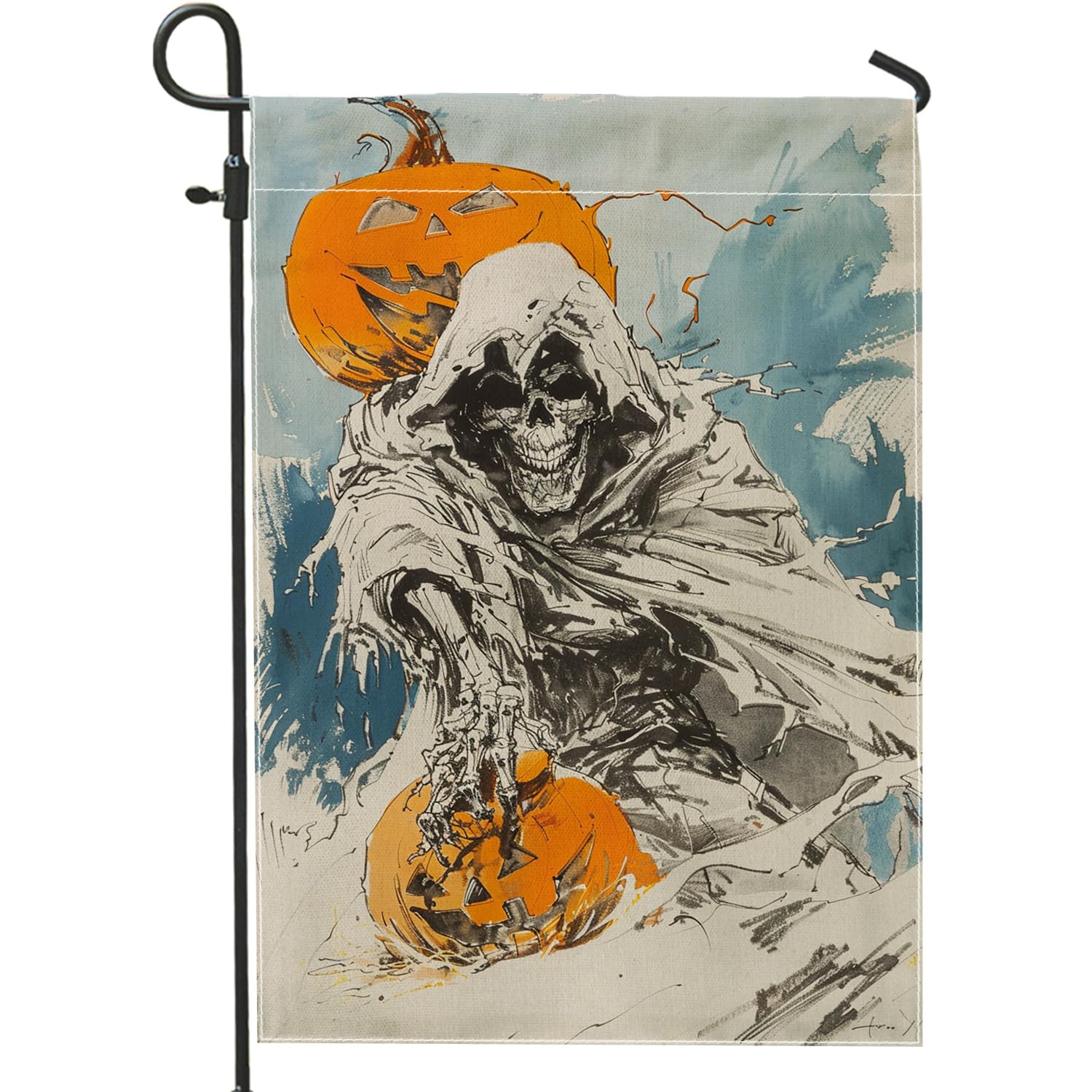 Outdoor Skeleton Jack-O-Lantern Halloween Garden Flag, Dark Grey Scary Reaper Holiday Decor, Double-Sided Yard Flag Seasonal Outdoor Party Decoration 12x18 Inch