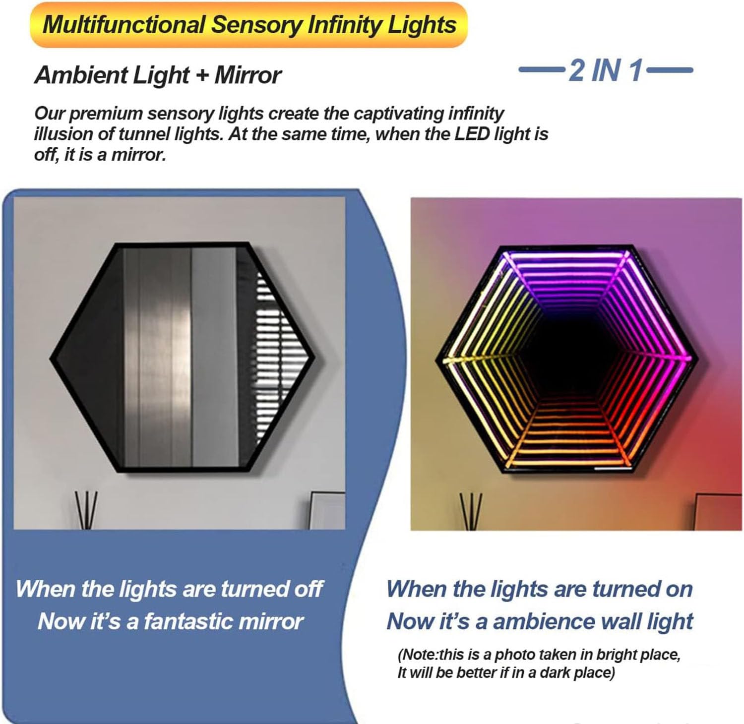 Lampa tunelowa Infinity Mirror, zmieniająca kolor lampa LED, sensoryczne lustro, iluzja wizualna, lampa ścienna, oświetlenie LED na imprezę/dekorację pokoju 50cm/19.7"