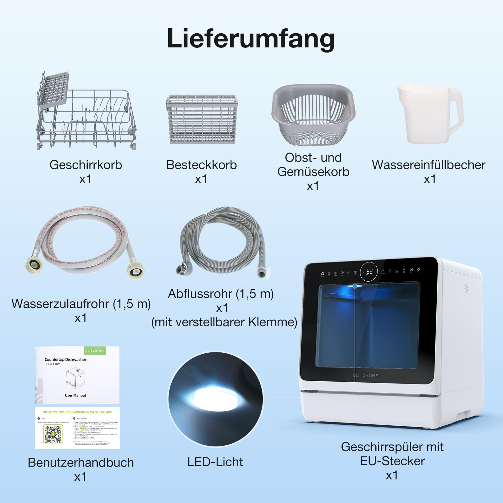 BLITZHOME Mini Spülmaschine Geschirrspüler 8+2 Programme Smart App Steuerung Tragbarer Tischgeschirrspüler 5L Wassertank