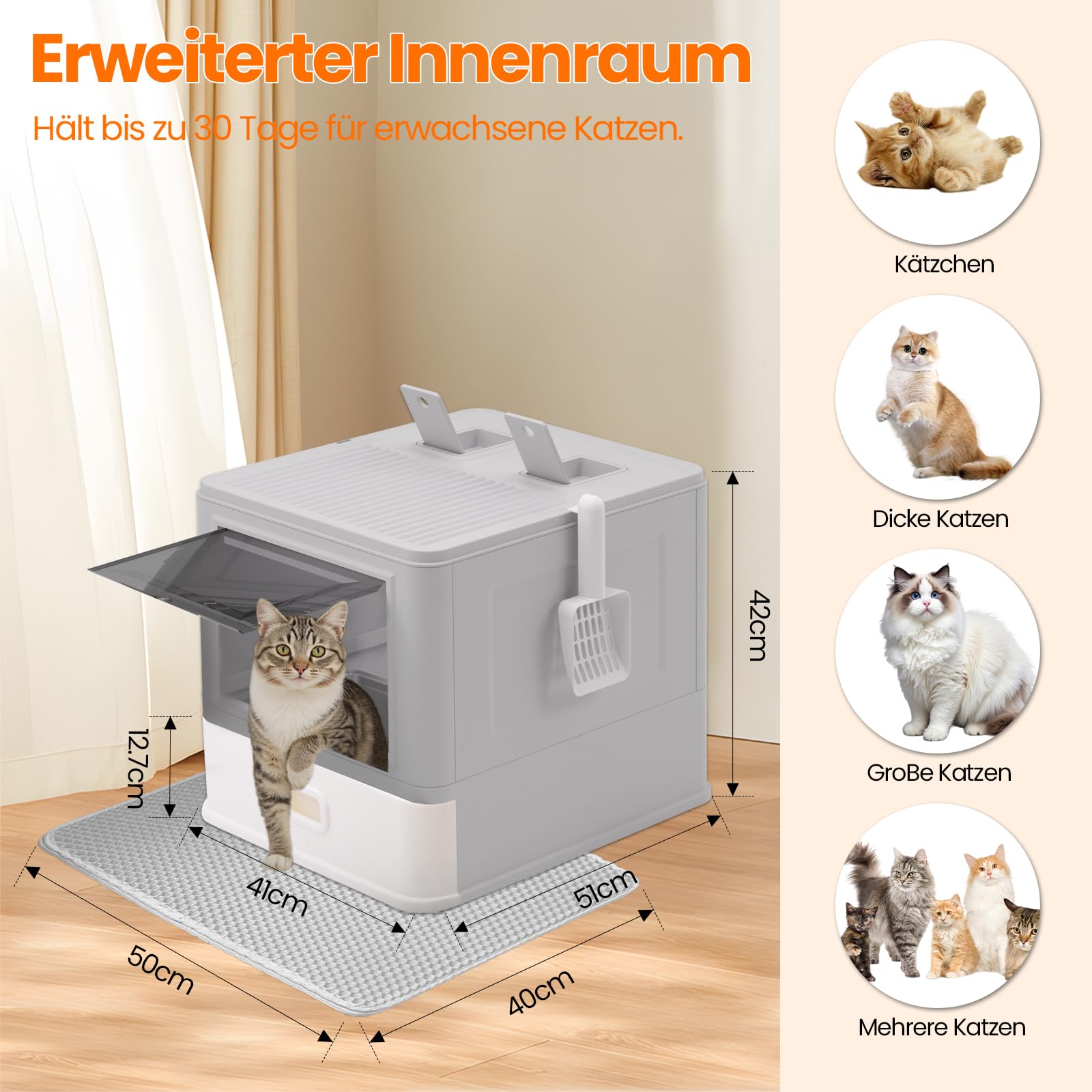 Caja de arena a prueba de fugas con tapa y 2 filtros de carbón activo contra olores | Arenero para gatos cerrado con cajón, incluye alfombrilla y pala, espaciosa