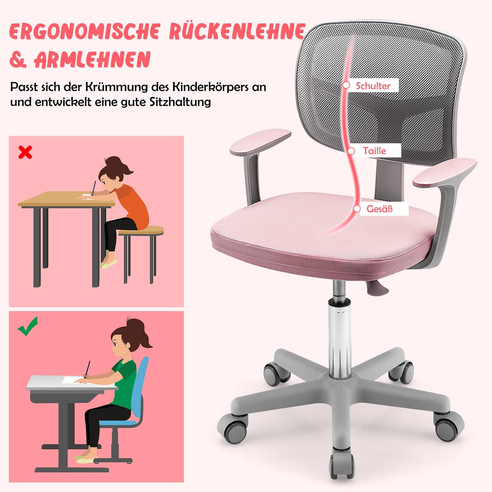 COSTWAY 360° Drehbarer Kinderschreibtischstuhl, Höhenverstellbar 80-91,5 cm, mit Rückenlehne & Armlehnen, 5 Rollen, für Kinder 3-10 Jahre (Rosa)